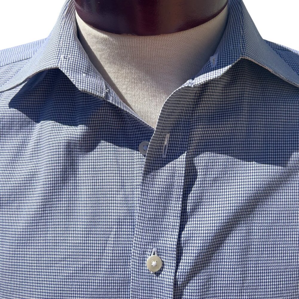 Thomas Pink Navy Blue Houndstooth Shirt The Sterling Slim Fit 15.5 - 34